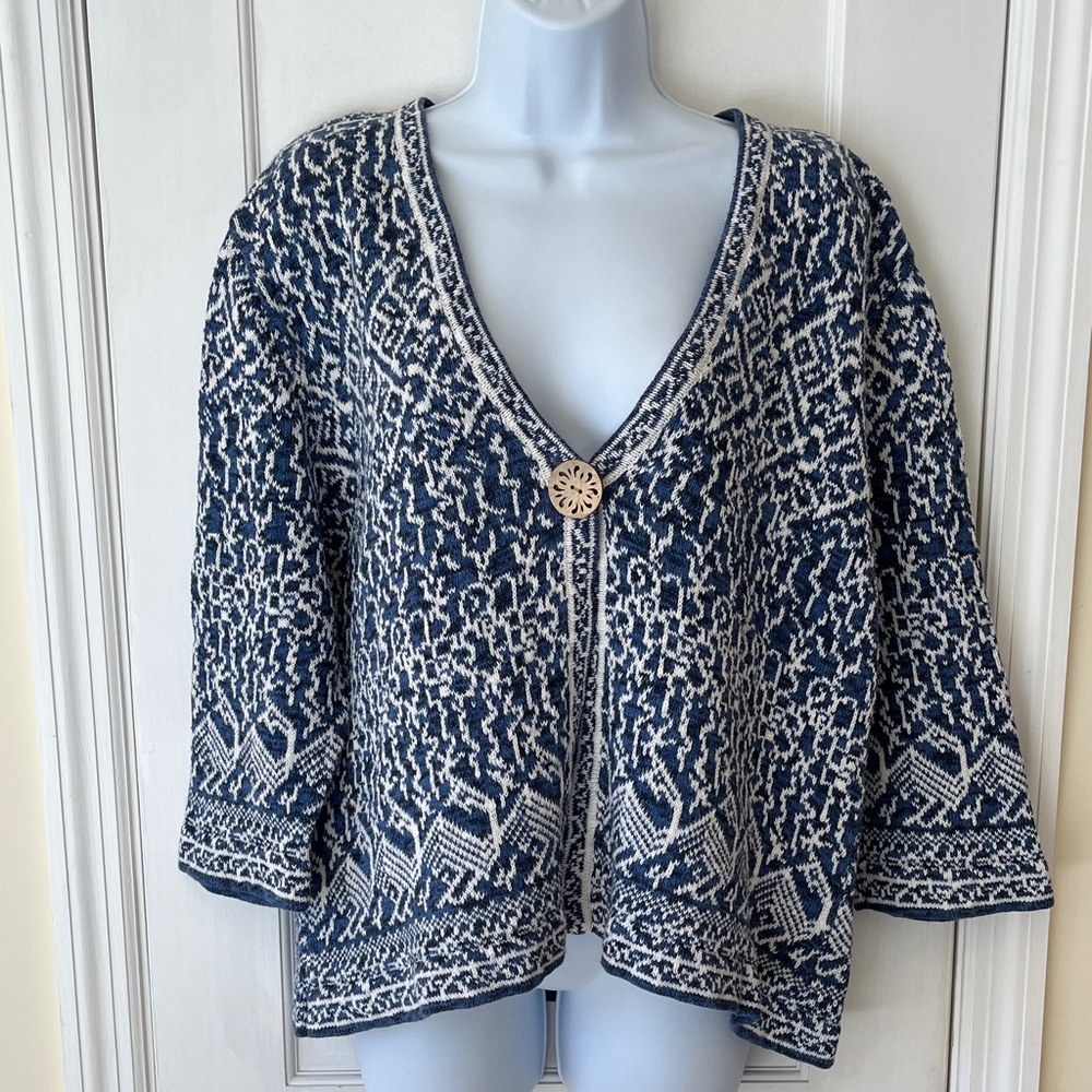 Ramie Cotton Blend Cardigan Patterned‎ Women's  XL Sweater Blue White Lagenlook